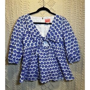 Kate Spade New York White Blue‎ Clamshells 3/4 Sleeve Blouse Shirt Knot Size 8
